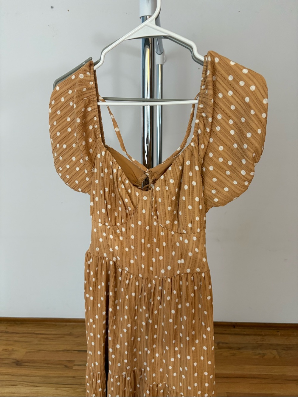 American Eagle Open Back Mustard Yellow/ Orange Polka Dot Midi Dress - Picture 8 of 8